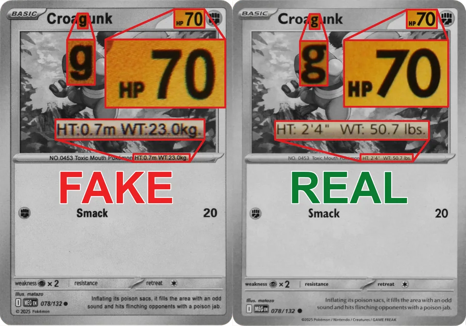 Font comparison: Croagunk MEG 078/132 original vs fake