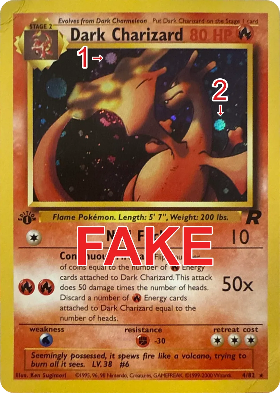 Dark Charizard 4 fake with holo pattern matching TCGPlayer stock image