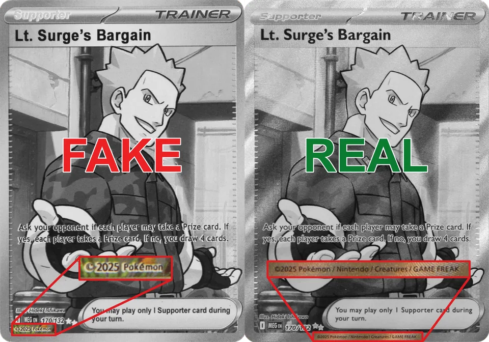 Element positioning: Lt. Surge's Bargain authentic vs fake