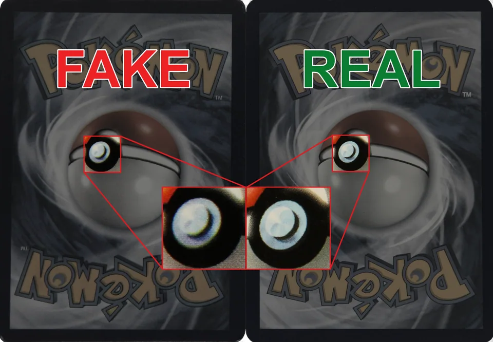 Fake card (left) vs authentic (right). Notice the difference in Poké Ball clarity.