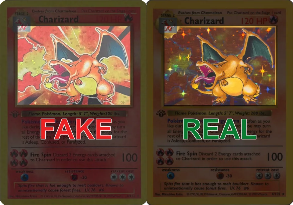 Fake 1st Edition Charizard (left) vs authentic Glurak (right). The fake shows incorrectly shaped five-pointed stars instead of the proper pattern.